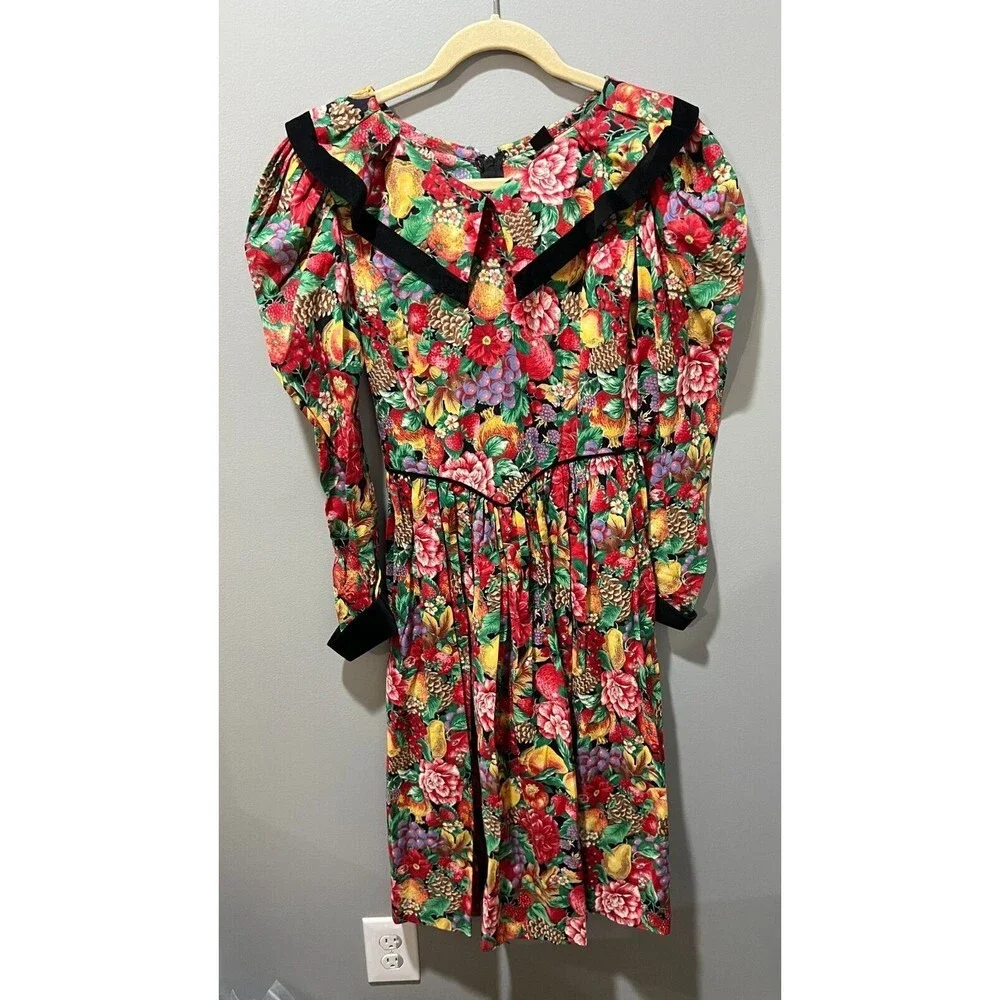 Vtg Picture Me Womens Multicolor Fruit Floral Lace Collar Dress M/L Long Sleeve - Picture 4 of 15